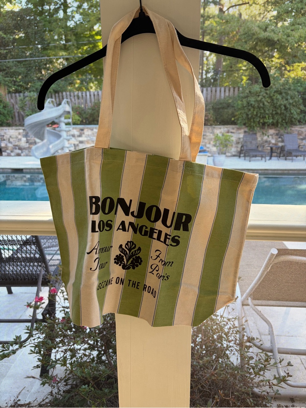 SEZANE Bonjour Los Angeles Green & Cream Striped Canvas Tote Bag NWOT
